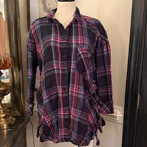 Free People oversized Navy Plaid Button-Up with Pink & Purple Stripes
